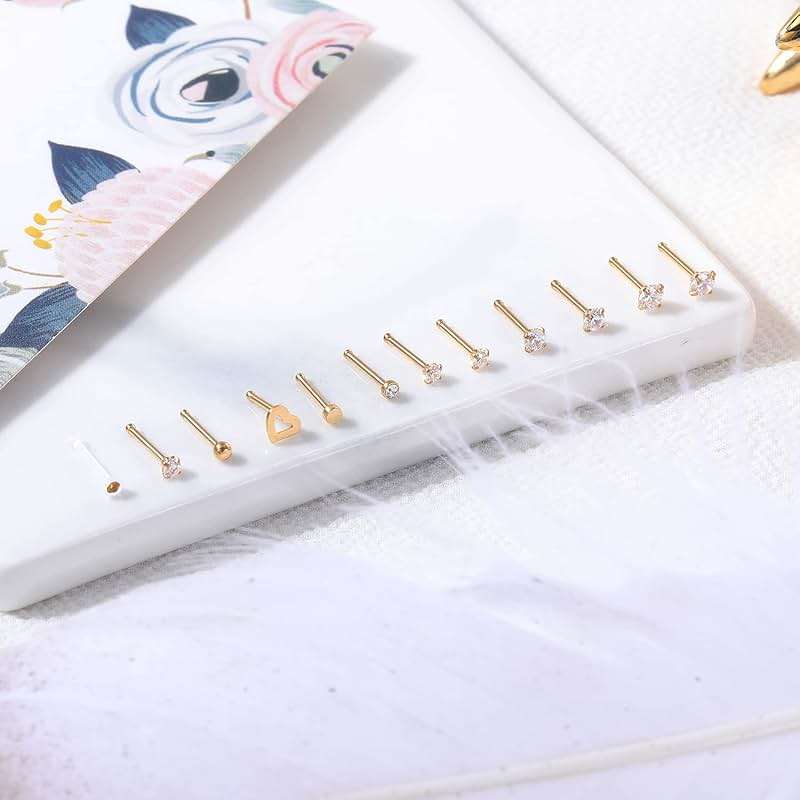 ZS 12Pcs 20G Nose Studs Rings - Surgical Steel L Shape Nose Bone Nose Screw CZ Nostril Piercing Jewelry for Women - Image 6