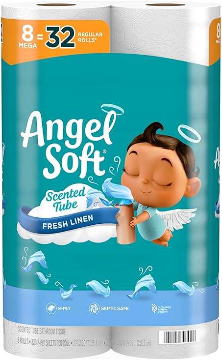 Angel Soft Toilet Paper with Fresh Linen Scented Tube, 8 Mega Rolls = 32 Regular Rolls, Soft and Strong Toilet Tissue - Image 1