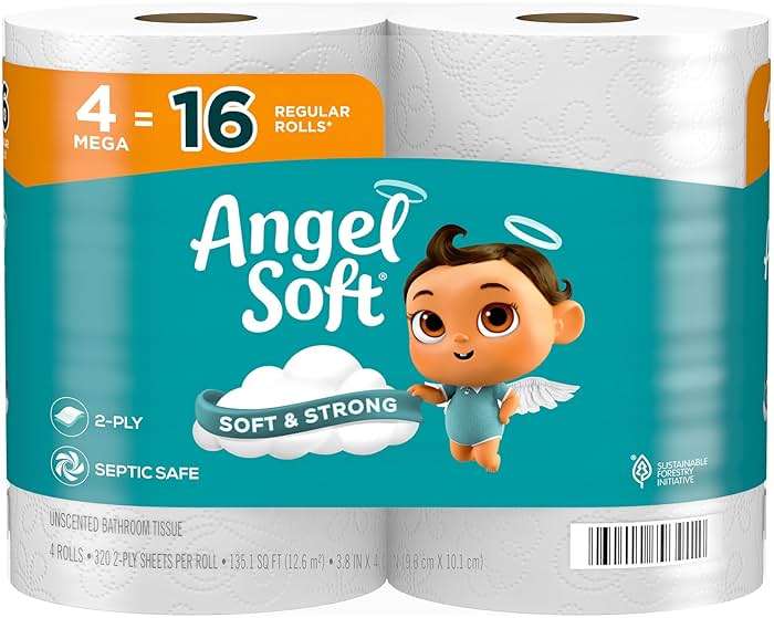 Angel Soft Toilet Paper, 4 Mega Rolls = 16 Regular Rolls, Soft and Strong Toilet Tissue - Image 1