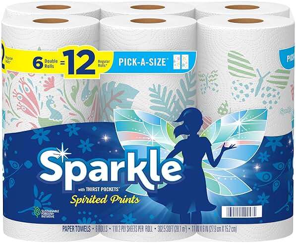 Sparkle Pick-A-Size Paper Towels, Spirited Print Design, 6 Double Rolls (660 Sheets Total) - Strong 2-Ply Towels for Kitchen Cleanup and Everyday Messes - Image 1