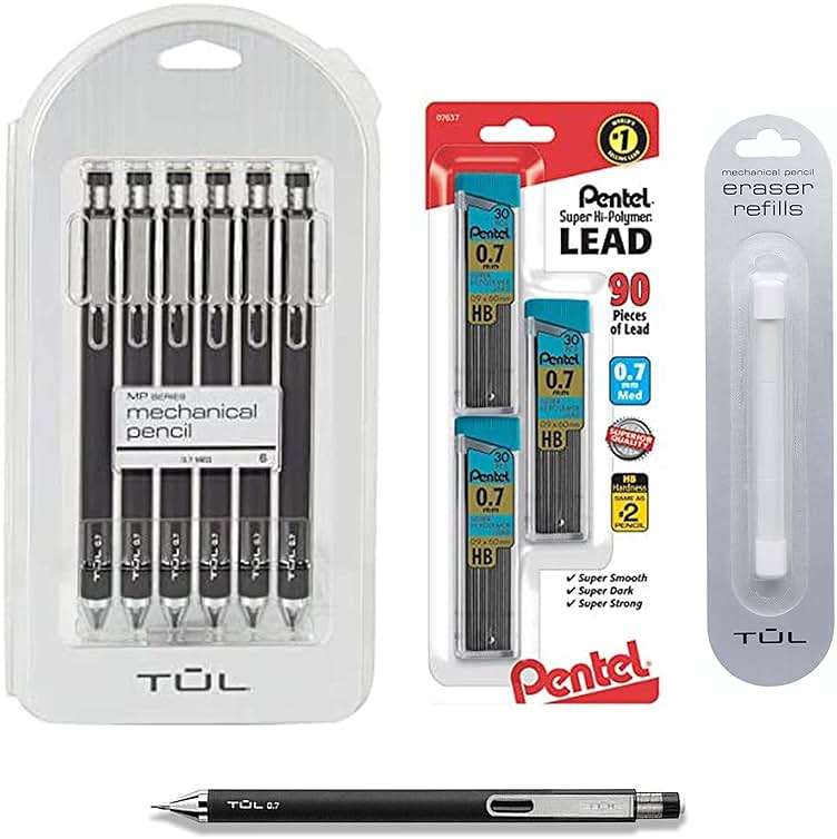 TUL Pencil Value Pack, 0.7mm Tul Mechanical Pencils 6 Pack , TUL Eraser Refill 1 Pack 3 10 Piece Set - Image 1