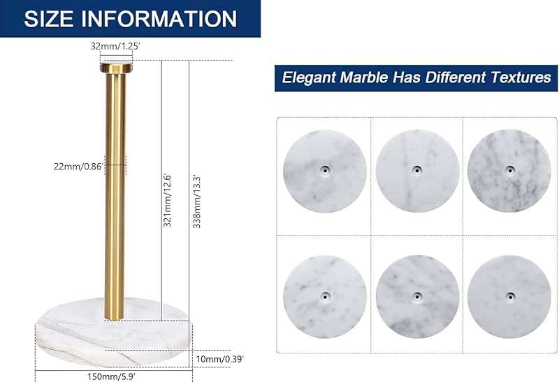 NearMoon Standing Paper Towel Holder, Kitchen Paper Towel Tissue Holder- for Bathroom Kitchen Countertop, Standard or Jumbo-Sized Roll Paper (with Marble Base, Brushed Gold) - Image 2