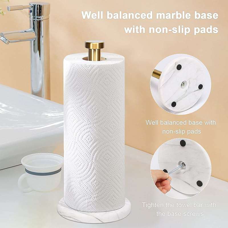 NearMoon Standing Paper Towel Holder, Kitchen Paper Towel Tissue Holder- for Bathroom Kitchen Countertop, Standard or Jumbo-Sized Roll Paper (with Marble Base, Brushed Gold) - Image 6