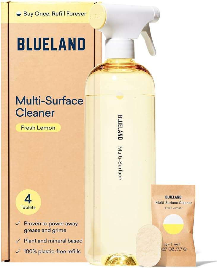 BLUELAND Multi-surface Cleaner, Starter Set, Fresh Lemon Scent, Spray Bottle with 4 Refill Tablets, All-Purpose, Eco-Friendly Cleaning Supplies, 4 x 24 Fl oz - Image 1