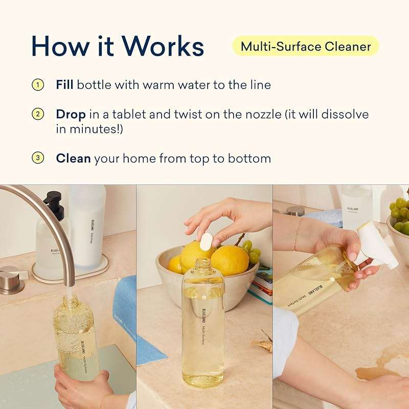 BLUELAND Multi-surface Cleaner, Starter Set, Fresh Lemon Scent, Spray Bottle with 4 Refill Tablets, All-Purpose, Eco-Friendly Cleaning Supplies, 4 x 24 Fl oz - Image 6