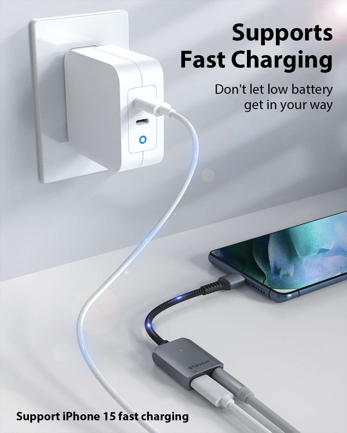 Stouchi 2-in-1 USB C to 3.5mm Headphone Charge Adapter AUX Mic Jack with PD Fast Charging High Resolution DAC for Earphones iPhone 17 16 15, Galaxy S25 /24/S24+/S23/S22/S21, iPad Pro, Pixel 9/8/7 - Image 2