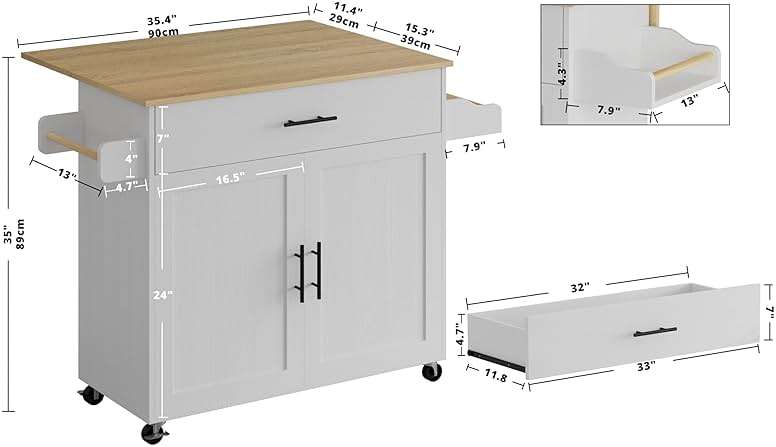 IRONCK Rolling Kitchen Island Table on Wheels with Drop Leaf, Storage Cabinet, Drawer, Spice/Towel Rack, Kitchen Cart, 47.25" Wide White - Image 3