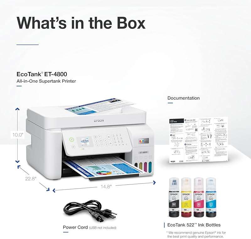 Epson EcoTank ET-4800 Wireless All-in-One Cartridge-Free Supertank Printer with Scanner, Copier, Fax, ADF and Ethernet – Ideal-for Your Home Office, White - Image 7