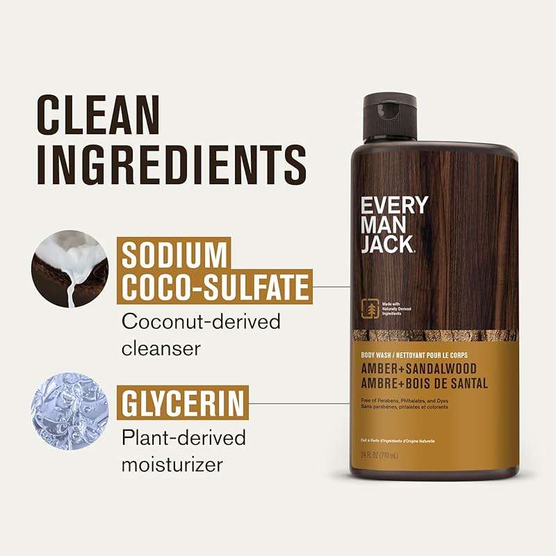 Every Man Jack Amber+Sandalwood Hydrating Mens Body Wash for All Skin Types-Cleanse, Nourish, and Hydrate Skin with Naturally Derived Ingredients-Paraben Free, Phthalate Free, Dye Free-24oz(Pack of 2) - Image 5