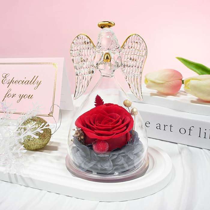 Sunia Gifts for Mom Birthday Gifts for Women, Preserved Real Roses in Glass Angel Figurine, Eternal Forever Flowers for Delivery Prime, Fresh Flower Presents for Mothers Grandma Wife Daughter Sister - Image 2