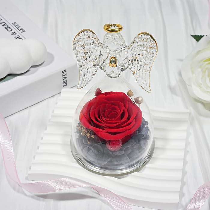 Sunia Gifts for Mom Birthday Gifts for Women, Preserved Real Roses in Glass Angel Figurine, Eternal Forever Flowers for Delivery Prime, Fresh Flower Presents for Mothers Grandma Wife Daughter Sister - Image 4