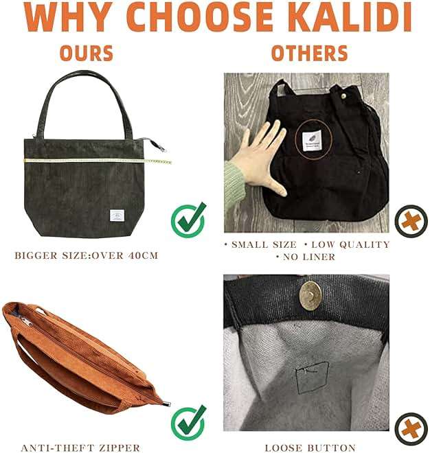 KALIDI Women Corduroy Tote Bag Zipper Casual Tote's Handbag Big Capacity Shoulder Bag with Pockets - Image 5
