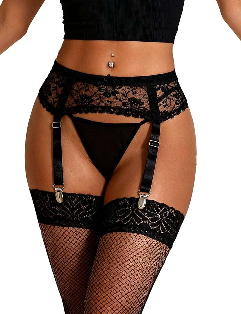 Women Floral Lace Garter Belt Plus Size Mesh Suspender Belt Set with 4 Straps Metal Clip for Thigh Highs - Image 1