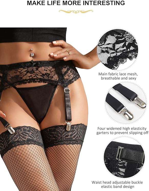Women Floral Lace Garter Belt Plus Size Mesh Suspender Belt Set with 4 Straps Metal Clip for Thigh Highs - Image 7