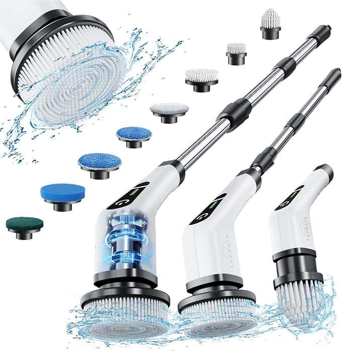 Leebein Electric Spin Scrubber, Cordless Cleaning Brush with 8 Replaceable Brush Heads, Tub and Floor Tile 360 Power Scrubber Dual Speed with Adjustable & Detachable Handle for Bathroom Kitchen Car - Image 1
