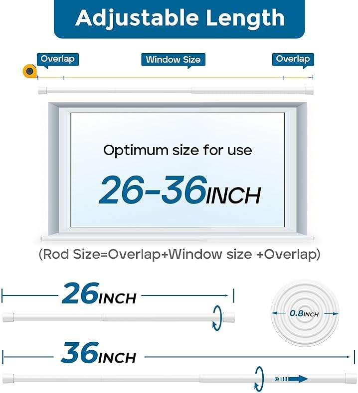AIZESI 2pcs Spring Tension Rods Adjustable 26 to 39 inch Small Tension Curtain Rod No Drilling Expandable Spring Loaded Curtain Rod,Suitable for Doors and Windows 28 to 36 inch, White - Image 3