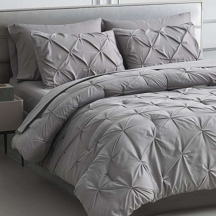 Maple&Stone Queen Comforter Set - 7 Pieces Pintuck Bed in A Bag Queen Pleat Pinch - Comforters Queen Size - Comforter Set with Flat Sheet, Fitted Sheet and Pillowcases & Shams, Grey - Image 1