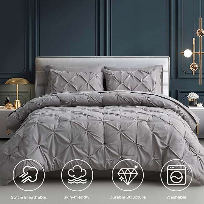 Maple&Stone Queen Comforter Set - 7 Pieces Pintuck Bed in A Bag Queen Pleat Pinch - Comforters Queen Size - Comforter Set with Flat Sheet, Fitted Sheet and Pillowcases & Shams, Grey - Image 3