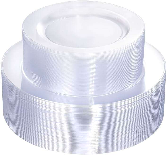 FLOWERCAT 100PCS Clear Plastic Plates - Heavy Duty Clear Disposable Plates for Fall Party/Wedding/Christmas - Include 10inch & 7inch Dinner/Dessert Plates for 50guests - Image 1