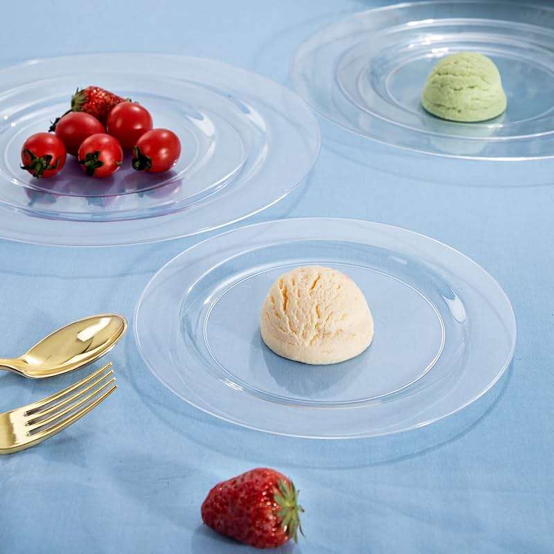 FLOWERCAT 100PCS Clear Plastic Plates - Heavy Duty Clear Disposable Plates for Fall Party/Wedding/Christmas - Include 10inch & 7inch Dinner/Dessert Plates for 50guests - Image 2
