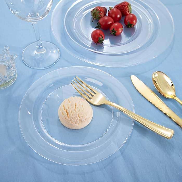 FLOWERCAT 100PCS Clear Plastic Plates - Heavy Duty Clear Disposable Plates for Fall Party/Wedding/Christmas - Include 10inch & 7inch Dinner/Dessert Plates for 50guests - Image 5