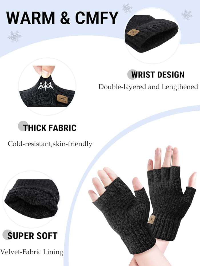 JUNRUI Fingerless Gloves Half Finger Winter Warm Knitted Gloves Working Running Biking Driving for Men and Women - Image 2