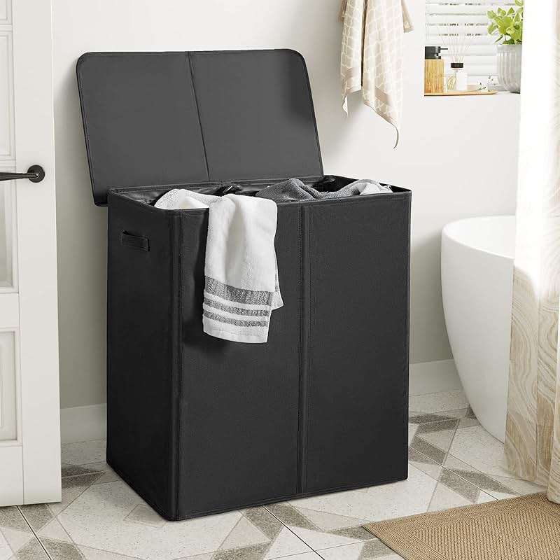 WOWLIVE 154L Double Laundry Hamper with Lid and Removable Laundry Bags, Large Dirty Clothes Hamper 2 section Collapsible Laundry Basket Dorm Room Storage for Bedroom, Bathroom, College, Black - Image 2