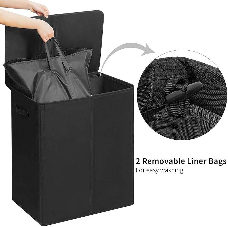 WOWLIVE 154L Double Laundry Hamper with Lid and Removable Laundry Bags, Large Dirty Clothes Hamper 2 section Collapsible Laundry Basket Dorm Room Storage for Bedroom, Bathroom, College, Black - Image 5