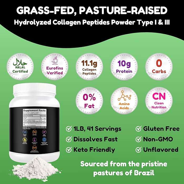 Halal & Grass Fed Collagen Peptides Powder 1 lb. 16oz Unflavored Hydrolyzed Collagen Peptides Powder Type I & Type III for Hair, Skin, Nails & Joints | Keto & Paleo Friendly | Sugar & Gluten Free - Image 2