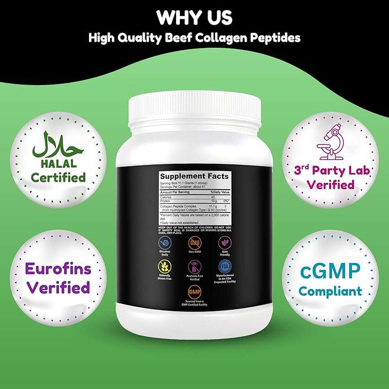 Halal & Grass Fed Collagen Peptides Powder 1 lb. 16oz Unflavored Hydrolyzed Collagen Peptides Powder Type I & Type III for Hair, Skin, Nails & Joints | Keto & Paleo Friendly | Sugar & Gluten Free - Image 8