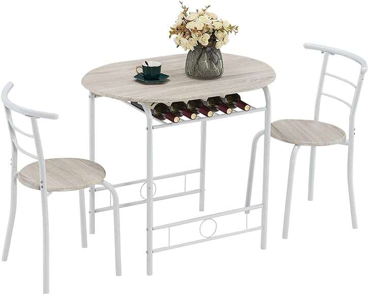 VINGLI 3 Piece Dining Set,Small Kitchen Table Set for 2,Breakfast Table Set,Kitchen Wooden Table and 2 Chairs for Small Space/Dining Room/Apartment,Metal Frame,Wine Rack,White&Light Oak - Image 1