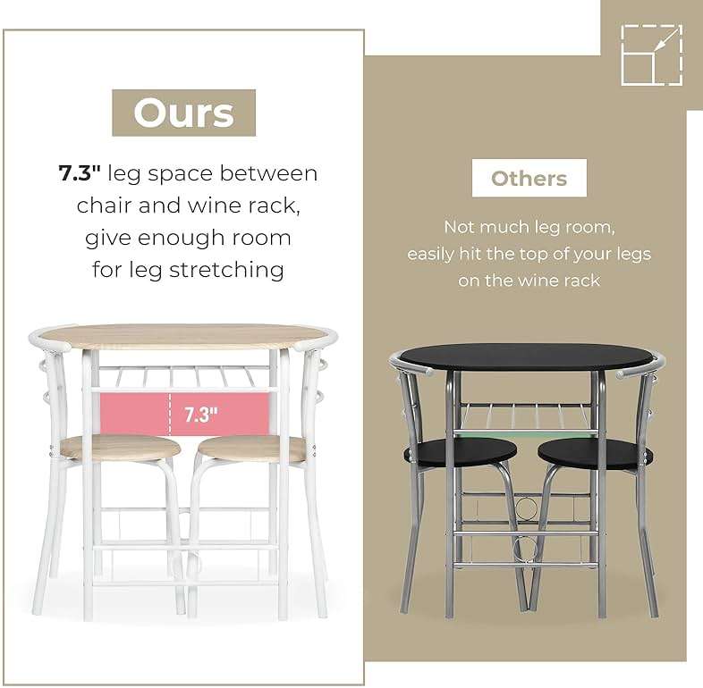 VINGLI 3 Piece Dining Set,Small Kitchen Table Set for 2,Breakfast Table Set,Kitchen Wooden Table and 2 Chairs for Small Space/Dining Room/Apartment,Metal Frame,Wine Rack,White&Light Oak - Image 4