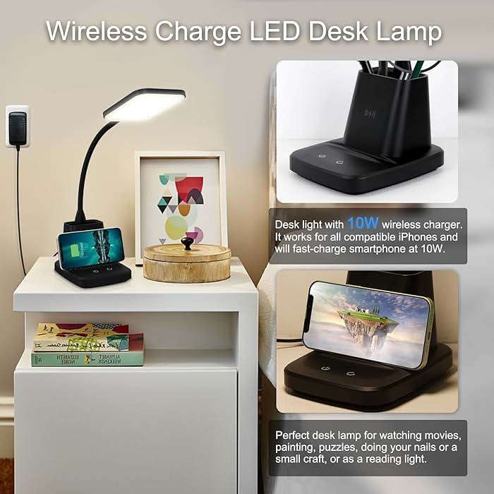 Sailstar Desk Lamp, LED Desk Lamps for Home Office, Wireless Charger Small Desk Lamp with Pen Holder, 3 Color Modes, Dimmable, CRI 85, 800LM, Study Lamps for College Dorm Room, Adapter Included, Black - Image 2