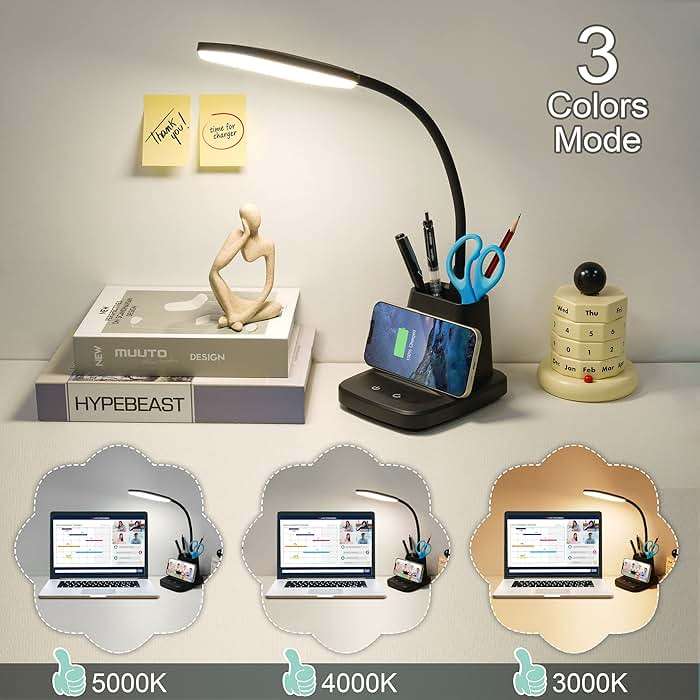 Sailstar Desk Lamp, LED Desk Lamps for Home Office, Wireless Charger Small Desk Lamp with Pen Holder, 3 Color Modes, Dimmable, CRI 85, 800LM, Study Lamps for College Dorm Room, Adapter Included, Black - Image 3