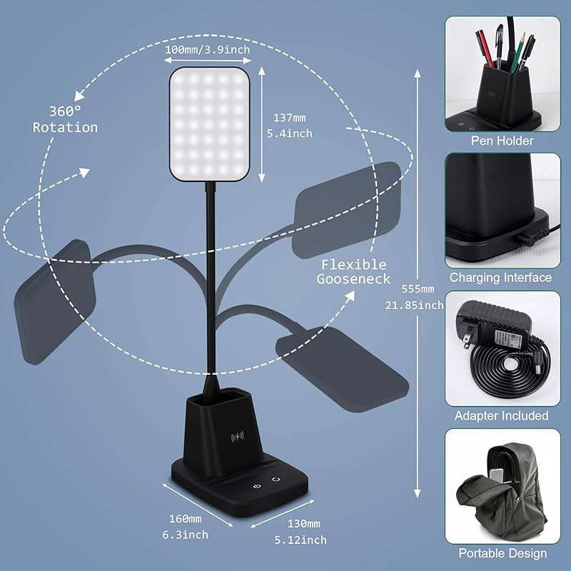 Sailstar Desk Lamp, LED Desk Lamps for Home Office, Wireless Charger Small Desk Lamp with Pen Holder, 3 Color Modes, Dimmable, CRI 85, 800LM, Study Lamps for College Dorm Room, Adapter Included, Black - Image 6