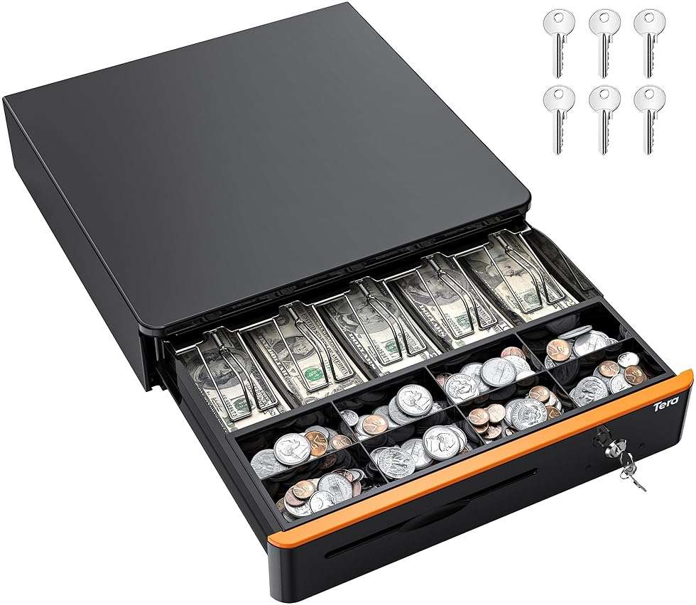 Tera 16 inch Auto Open Cash Drawer with Heavy Duty Insert Tray 5 Bill 8 Coin for POS System Removable Cash Tray Media Slot 24V RJ12 Key-Lock (Round Corner) for Small Business Retail 405R - Image 1