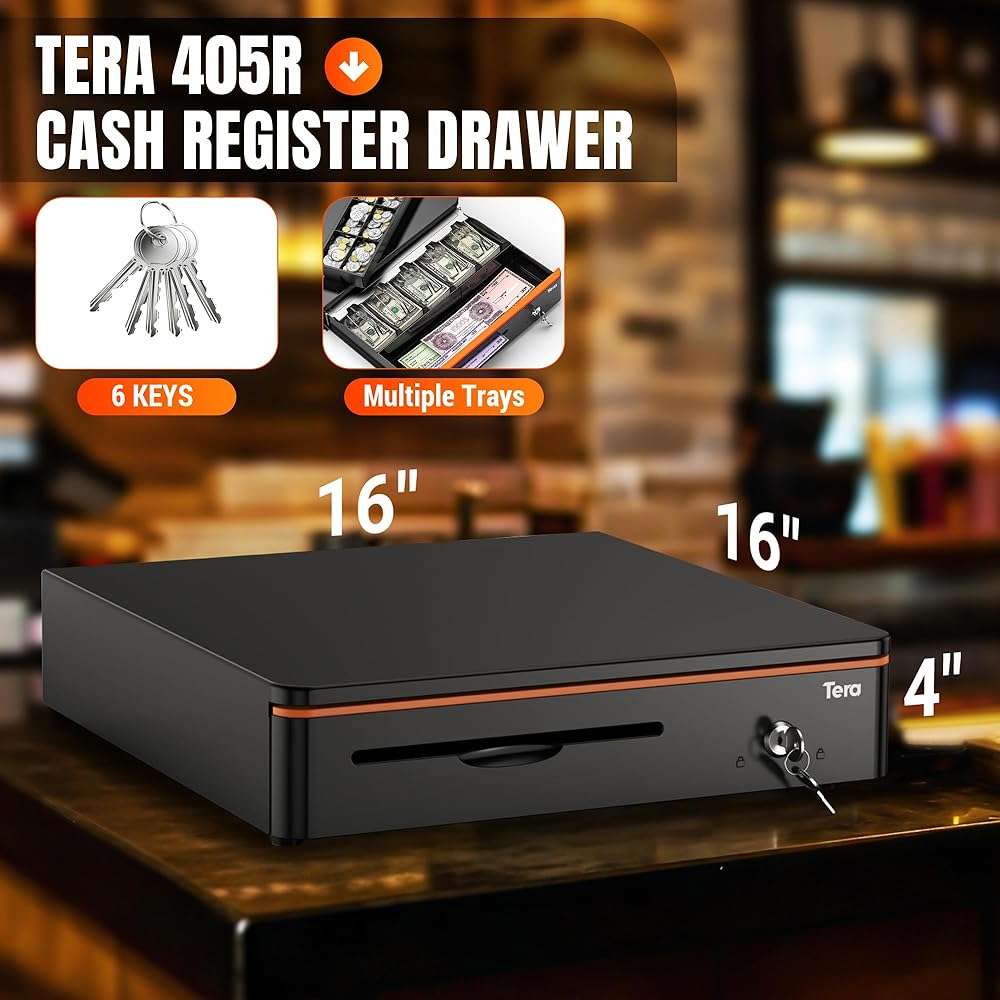 Tera 16 inch Auto Open Cash Drawer with Heavy Duty Insert Tray 5 Bill 8 Coin for POS System Removable Cash Tray Media Slot 24V RJ12 Key-Lock (Round Corner) for Small Business Retail 405R - Image 3
