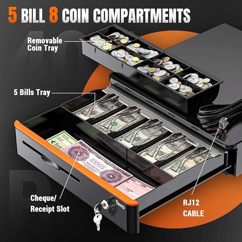 Tera 16 inch Auto Open Cash Drawer with Heavy Duty Insert Tray 5 Bill 8 Coin for POS System Removable Cash Tray Media Slot 24V RJ12 Key-Lock (Round Corner) for Small Business Retail 405R - Image 4