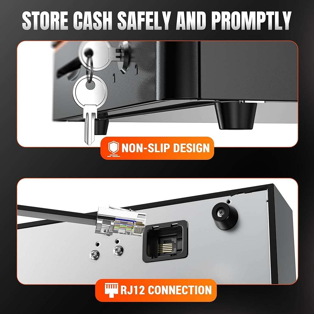 Tera 16 inch Auto Open Cash Drawer with Heavy Duty Insert Tray 5 Bill 8 Coin for POS System Removable Cash Tray Media Slot 24V RJ12 Key-Lock (Round Corner) for Small Business Retail 405R - Image 5