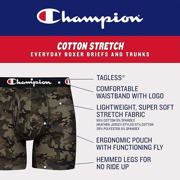 Champion Men's Everyday Cotton Stretch 5 Pack Boxer Briefs, Total Support Pouch, Moisture-Wicking, No Ride-up Fit - Image 2