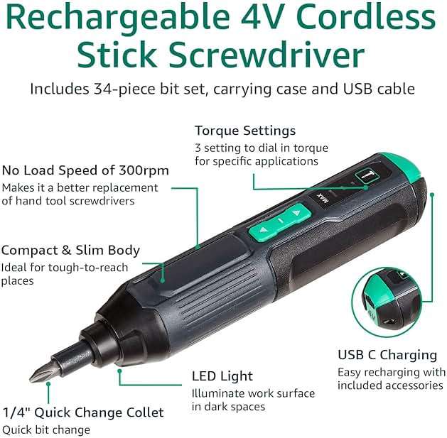 Amazon Basics by SKIL 4V Rechargeable Cordless Stick Screwdriver with 34-Piece Bit Set, Carrying Case, USB-C Charging, LED Work Light, 3 Torque Settings, Portable - Image 4