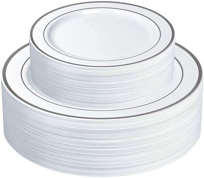 SETUP [60 Piece Combo Silver Trim Plastic Plates - Premium Heavy-Duty 30 Disposable 10.25" Dinner Party Plates and 30 Disposable 7.5" Salad Plates - Image 1