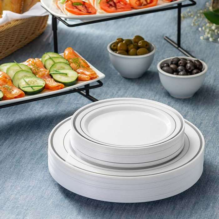 SETUP [60 Piece Combo Silver Trim Plastic Plates - Premium Heavy-Duty 30 Disposable 10.25" Dinner Party Plates and 30 Disposable 7.5" Salad Plates - Image 2