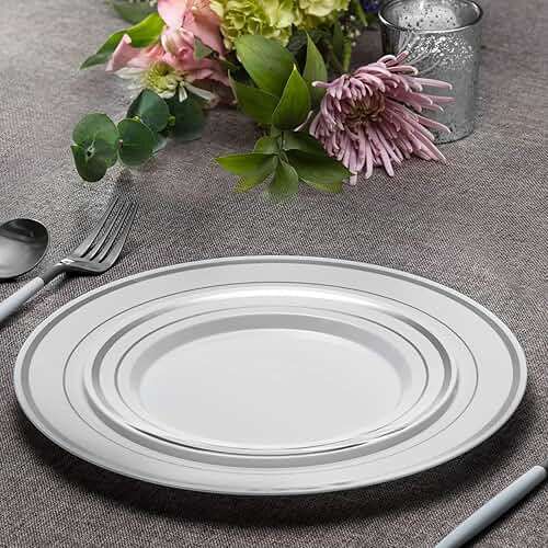 SETUP [60 Piece Combo Silver Trim Plastic Plates - Premium Heavy-Duty 30 Disposable 10.25" Dinner Party Plates and 30 Disposable 7.5" Salad Plates - Image 5