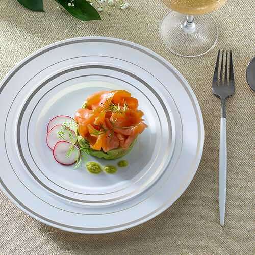 SETUP [60 Piece Combo Silver Trim Plastic Plates - Premium Heavy-Duty 30 Disposable 10.25" Dinner Party Plates and 30 Disposable 7.5" Salad Plates - Image 6