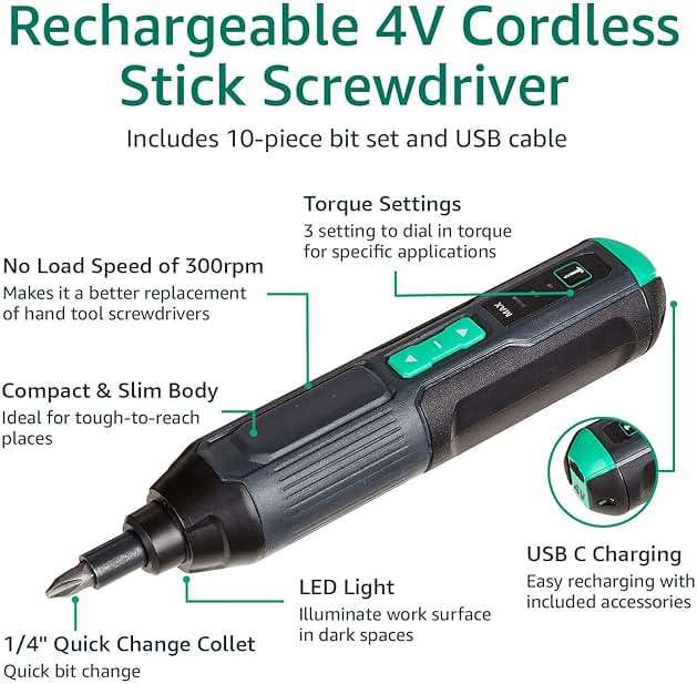 Amazon Basics by SKIL 4V Cordless Stick Screwdriver with 10-Piece Bit Set, USB Cable, LED Light, 3 Torque Settings - Image 4