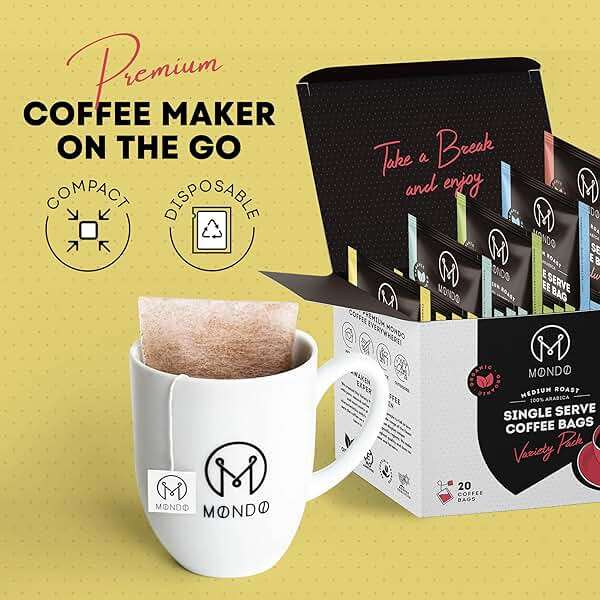 Mondo Single Serve Coffee Bags (20 Cups) Variety Pack - Organic, Medium Roast - Disposable, Portable Coffee Filters for Camping and Travel, Sampler Box of 5 Ground Coffee Flavors - Image 5