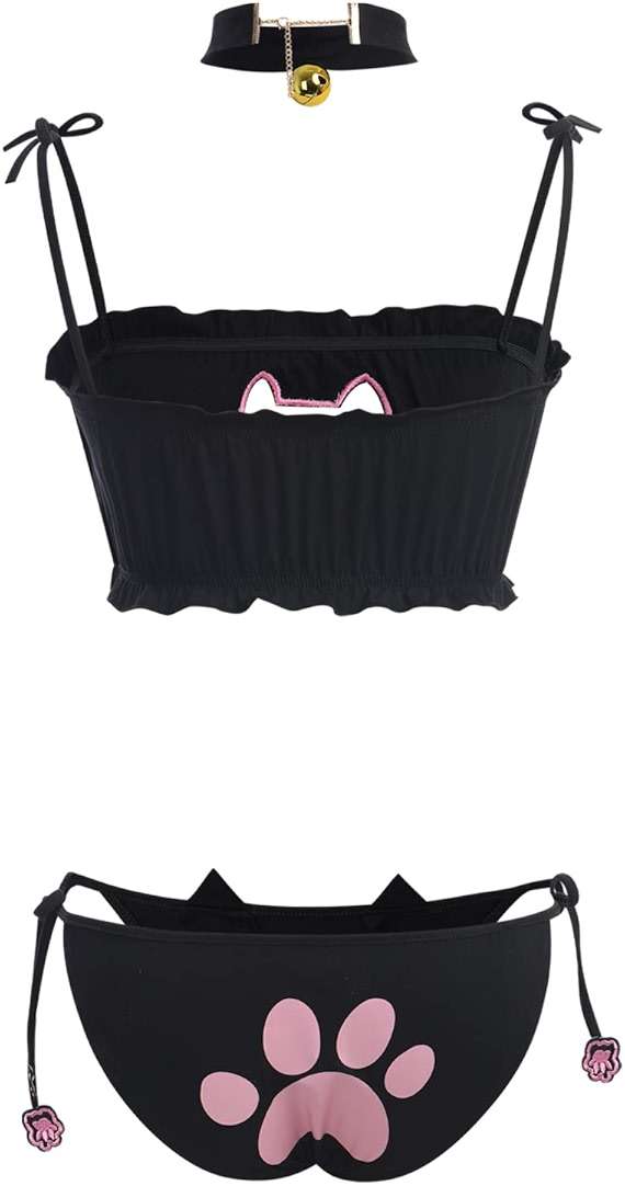 ABAFIP Womens Cute Kawaii Anime Cat Kitten Lingerie set Micro Bikini Strappy Tiny Bra Mini Panty Extreme Swimsuit - Image 1