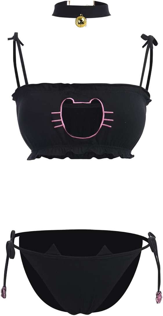ABAFIP Womens Cute Kawaii Anime Cat Kitten Lingerie set Micro Bikini Strappy Tiny Bra Mini Panty Extreme Swimsuit - Image 2