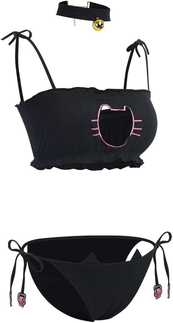 ABAFIP Womens Cute Kawaii Anime Cat Kitten Lingerie set Micro Bikini Strappy Tiny Bra Mini Panty Extreme Swimsuit - Image 3